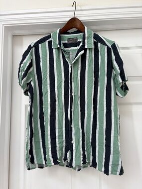 Primark Green, Black & White Vertical Stripe Short Sleeve Shirt